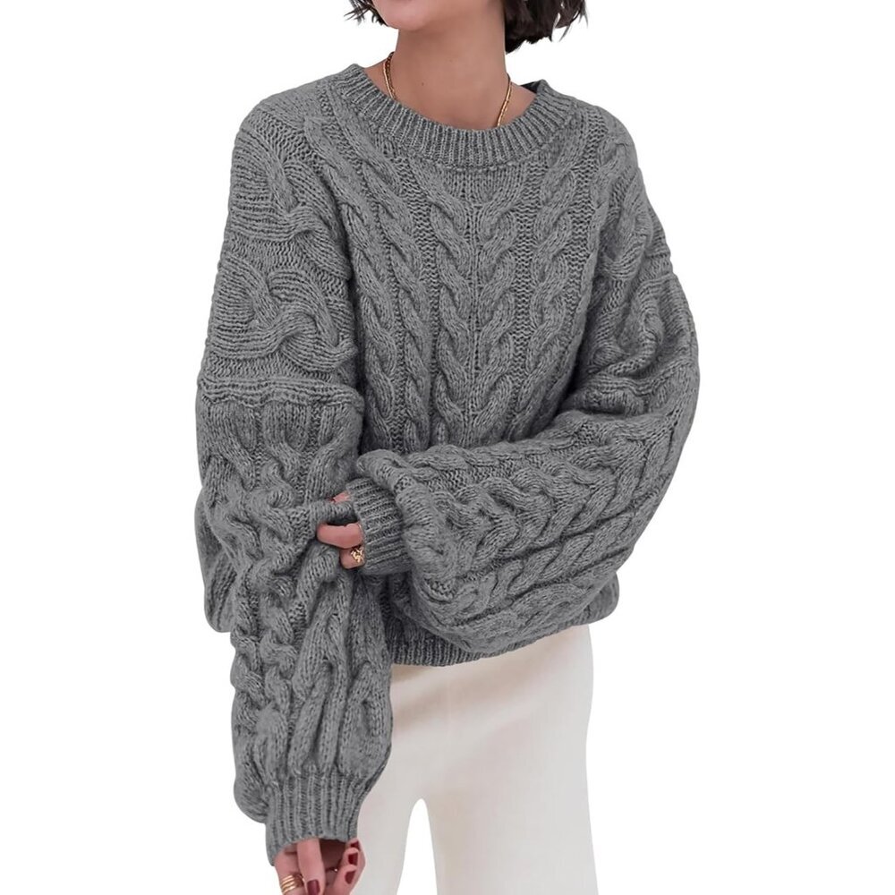 Women's Grey Spring Fall Cable Knit Long Sleeve Crew Neck Oversized Sweater